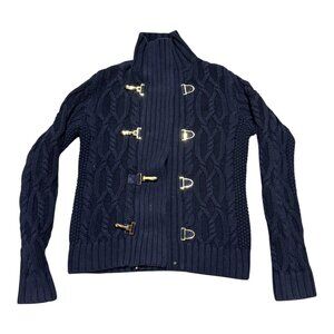 Lauren Ralph Lauren Black Cable Knit Cardigan Sweater Equestrian Buckles Size M